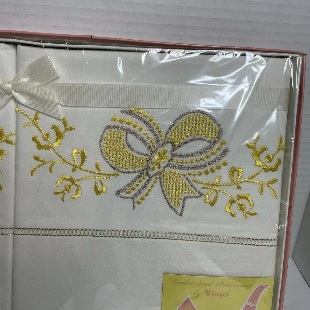 Vintage Pair of Riegel Pillowcases NOS in box embroidered with Yellow Ribbons